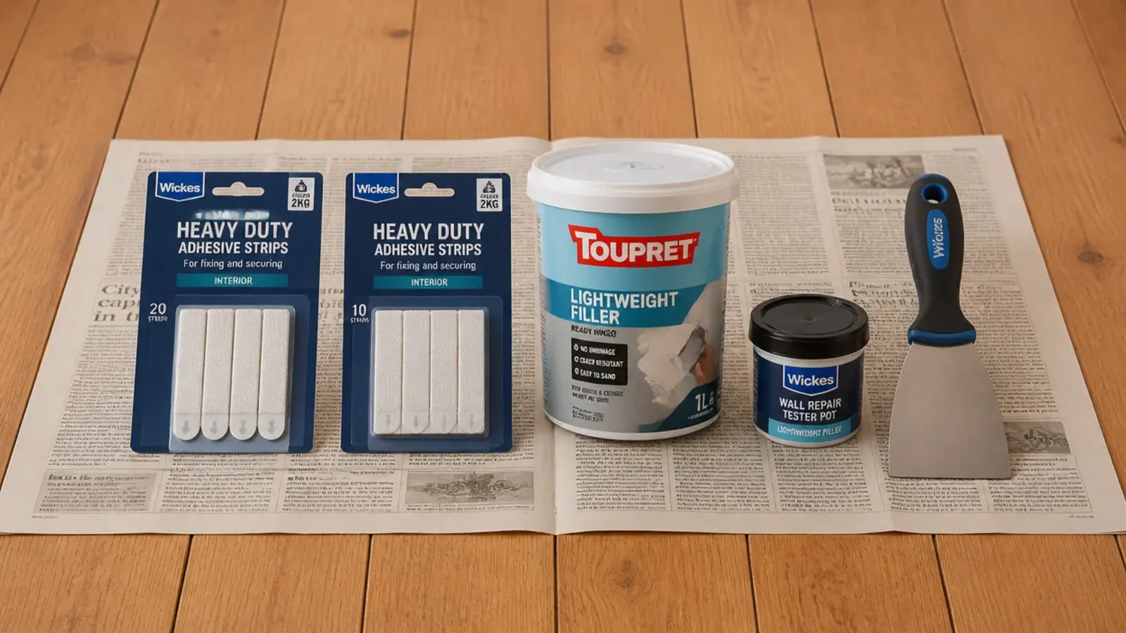 adhesive strips filler and a tester pot laid out on newspaper