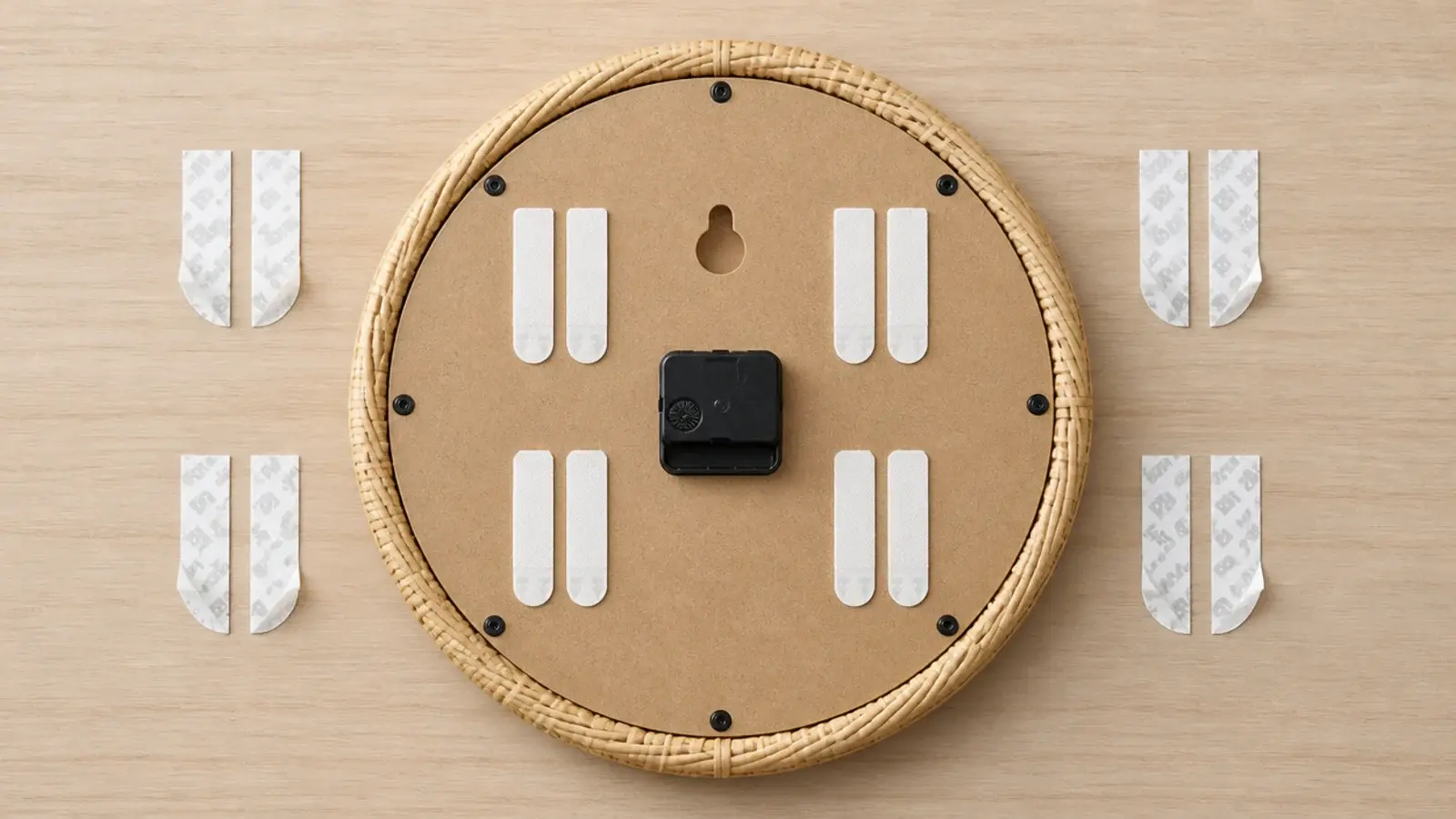 four pairs of adhesive strips pressed onto the back of a clock