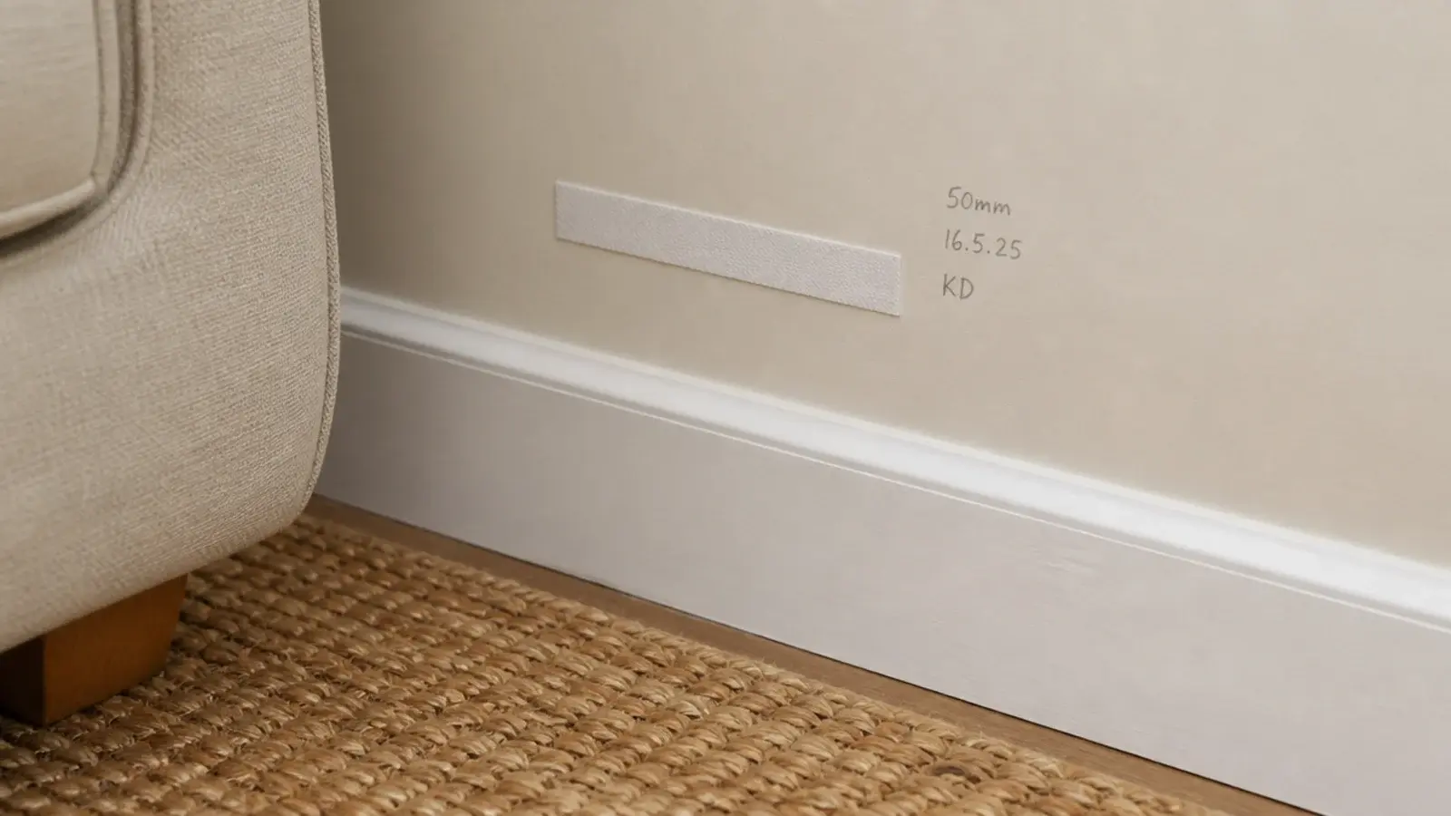 single test strip stuck low on a wall behind a sofa