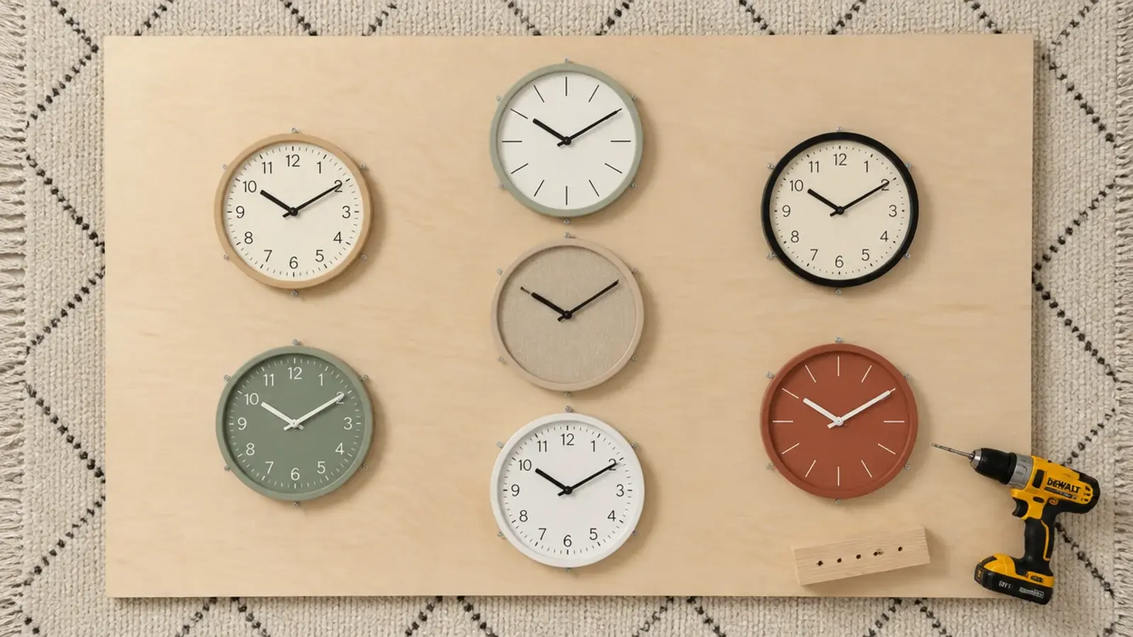clocks arranged and fixed onto a large plywood panel on the floor