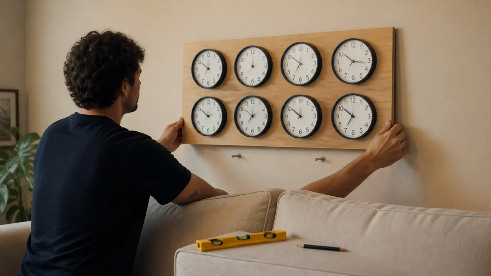 plywood clock panel lifting onto two screws in a plain wall