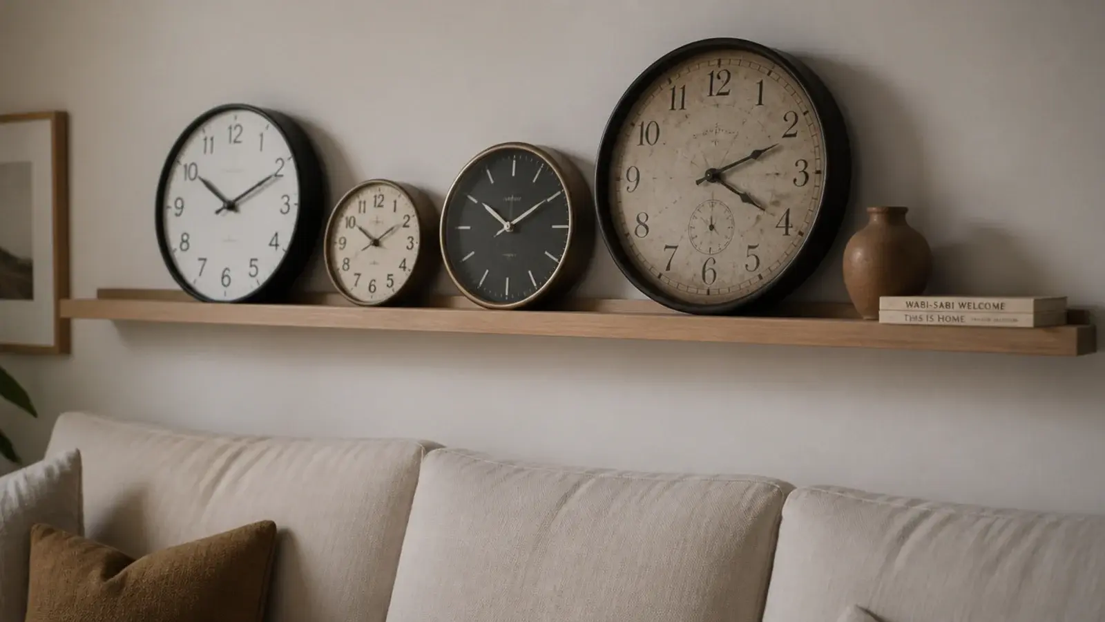 slim oak ledge holding four leaning clocks above a sofa