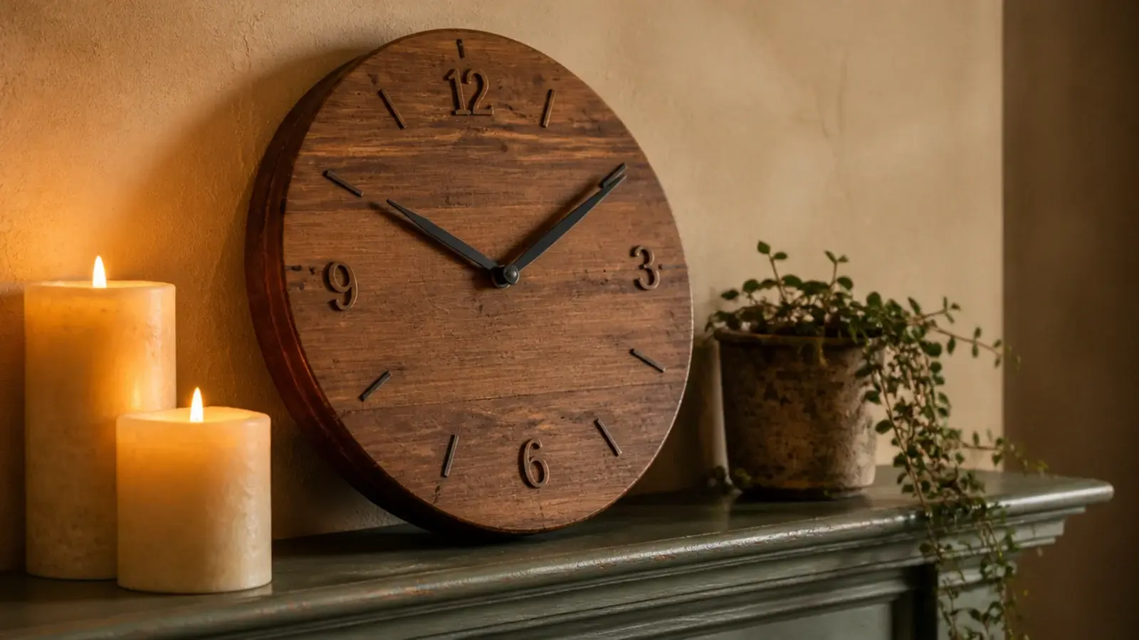 clock leaning back against a wall on a mantel with no fixing