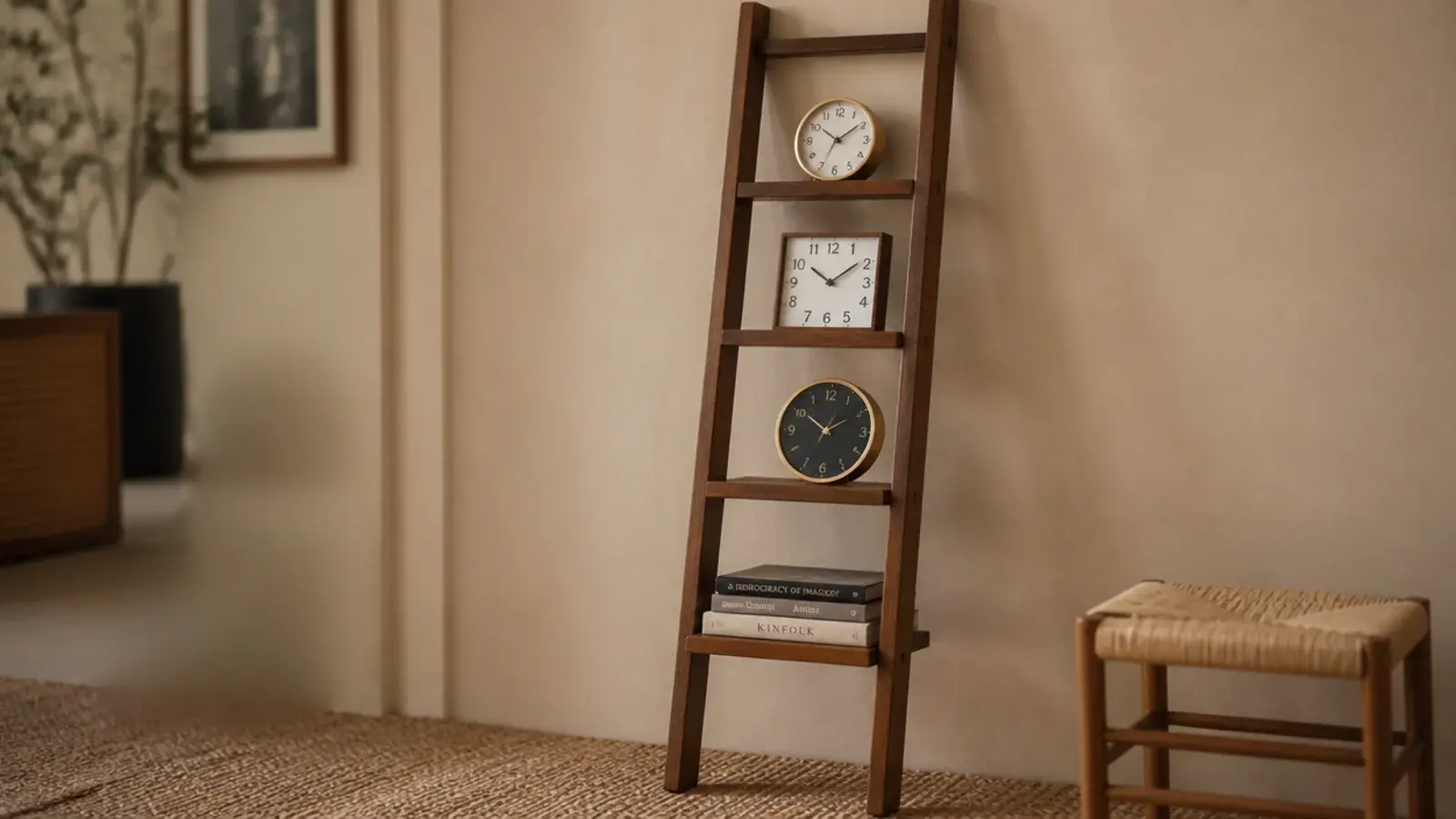 leaning ladder shelf displaying clocks on three of its rungs