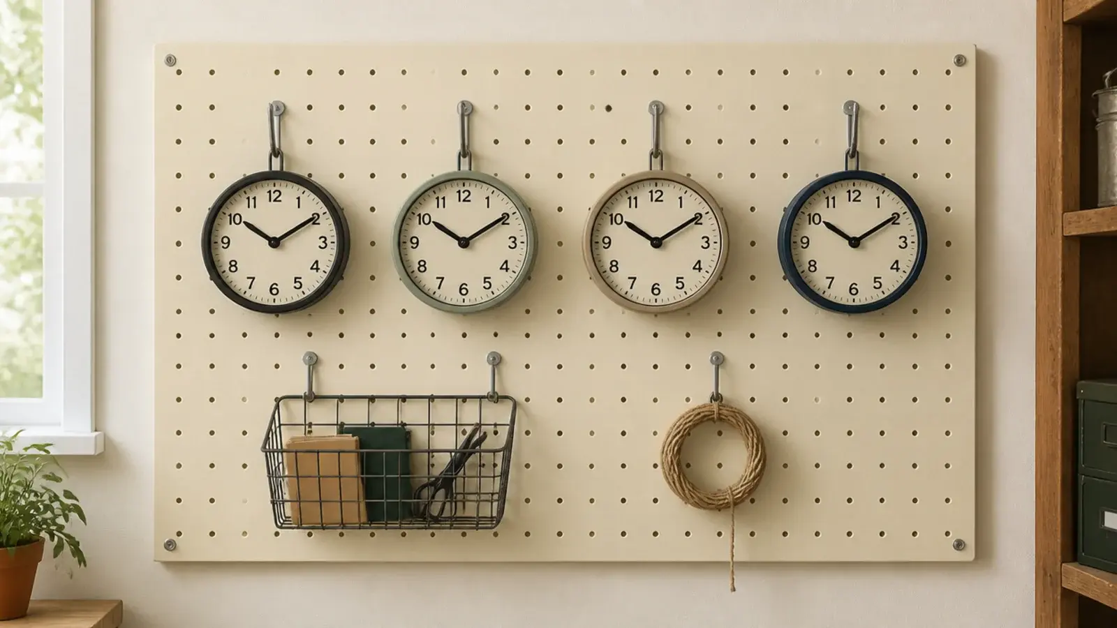 painted pegboard panel holding small clocks on steel hooks
