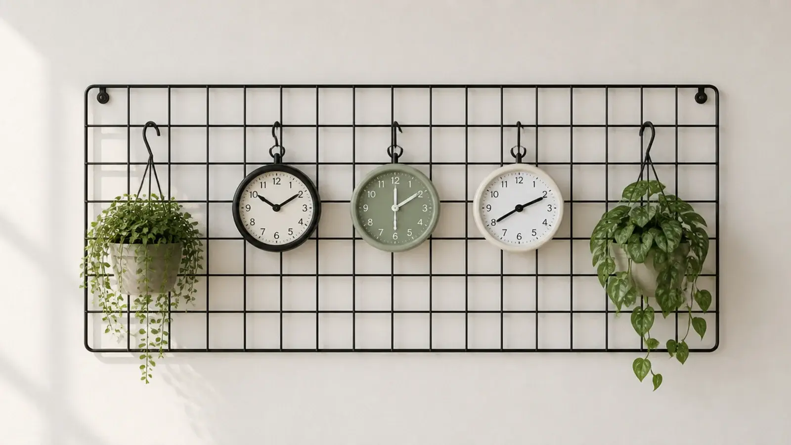 black wire grid panel carrying small clocks on open s-hooks