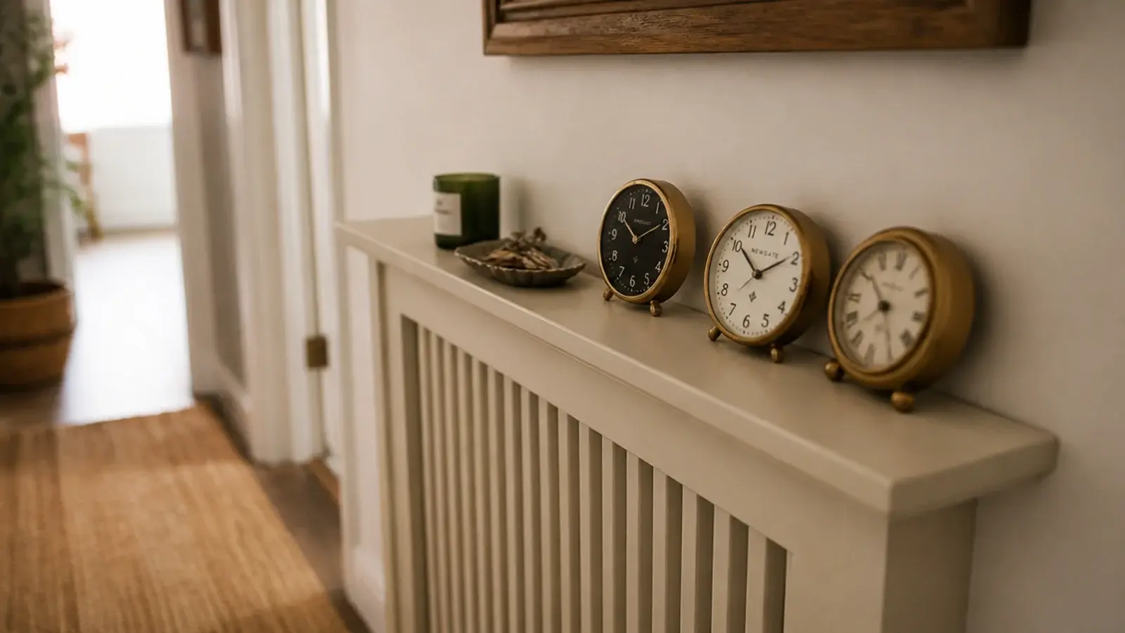 row of small clocks propped along a slim hallway radiator shelf