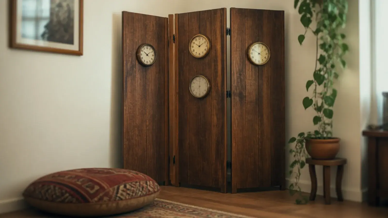 clocks mounted on a freestanding folding timber screen panel