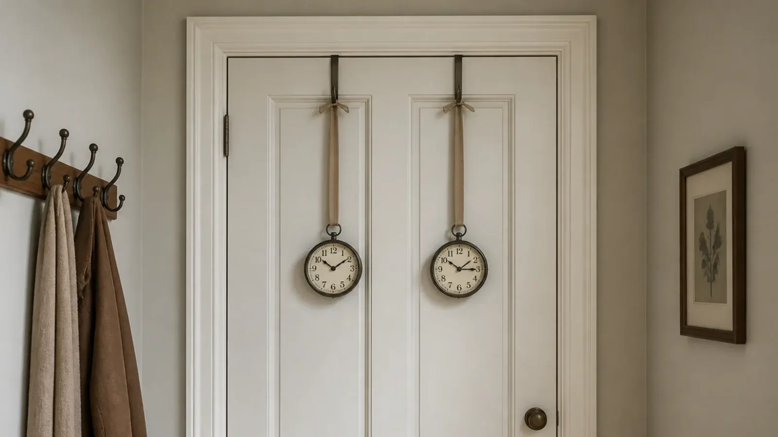 clocks suspended on ribbon from hooks over a door frame