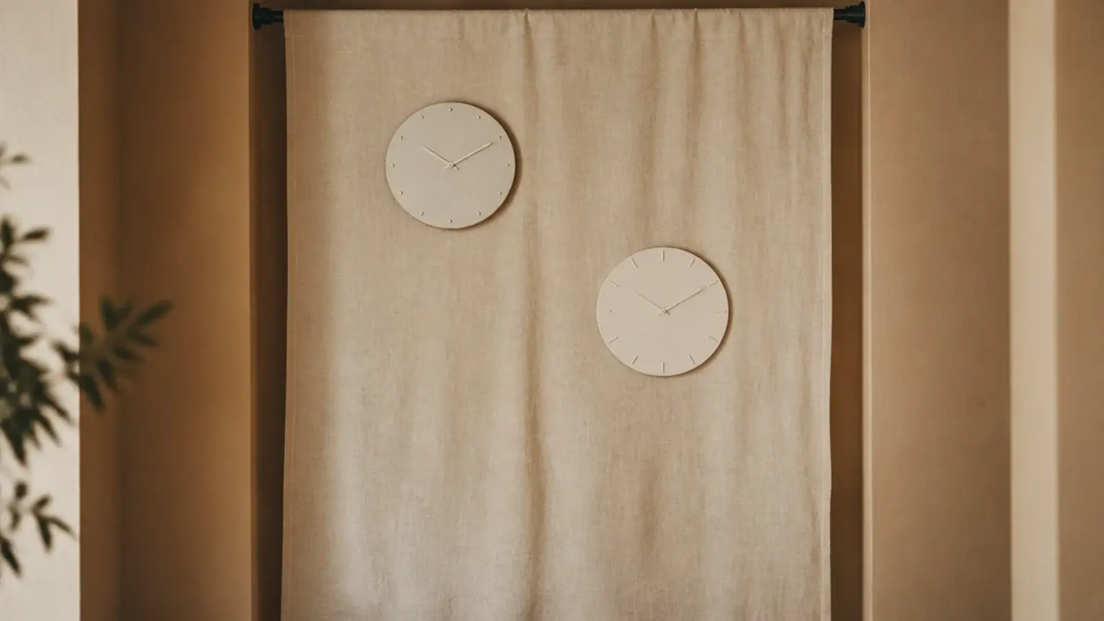 linen panel on a tension rod carrying two lightweight clocks