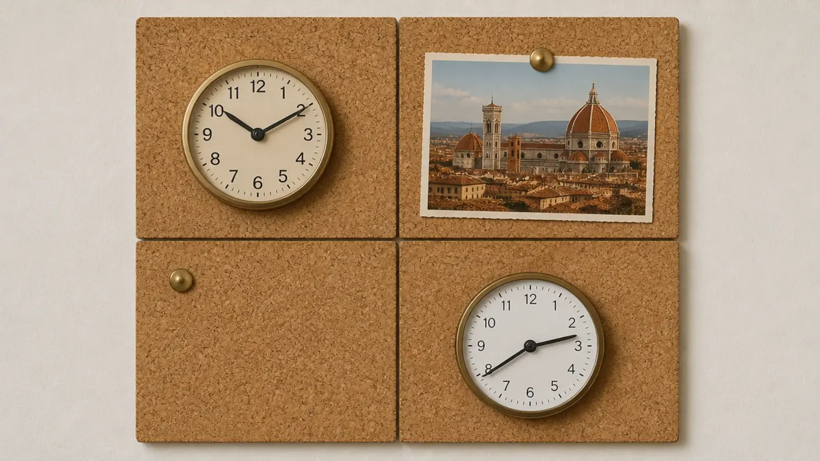 square cork tiles forming a panel with clocks pinned onto it