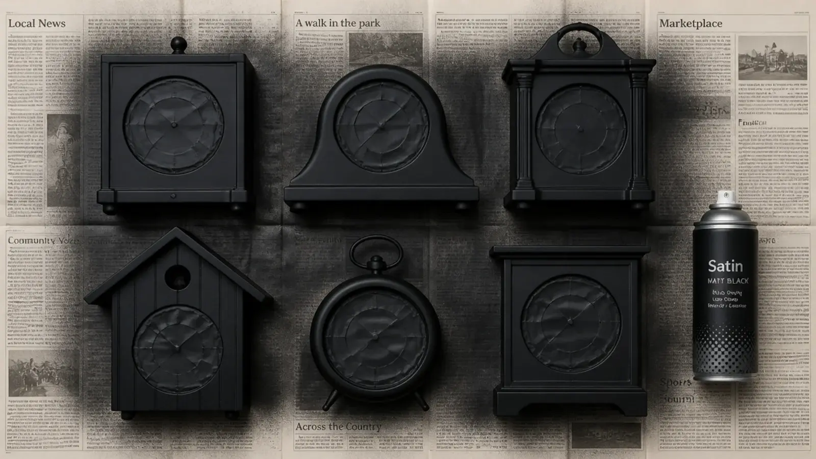 mismatched thrifted clock faces sprayed a single matte black