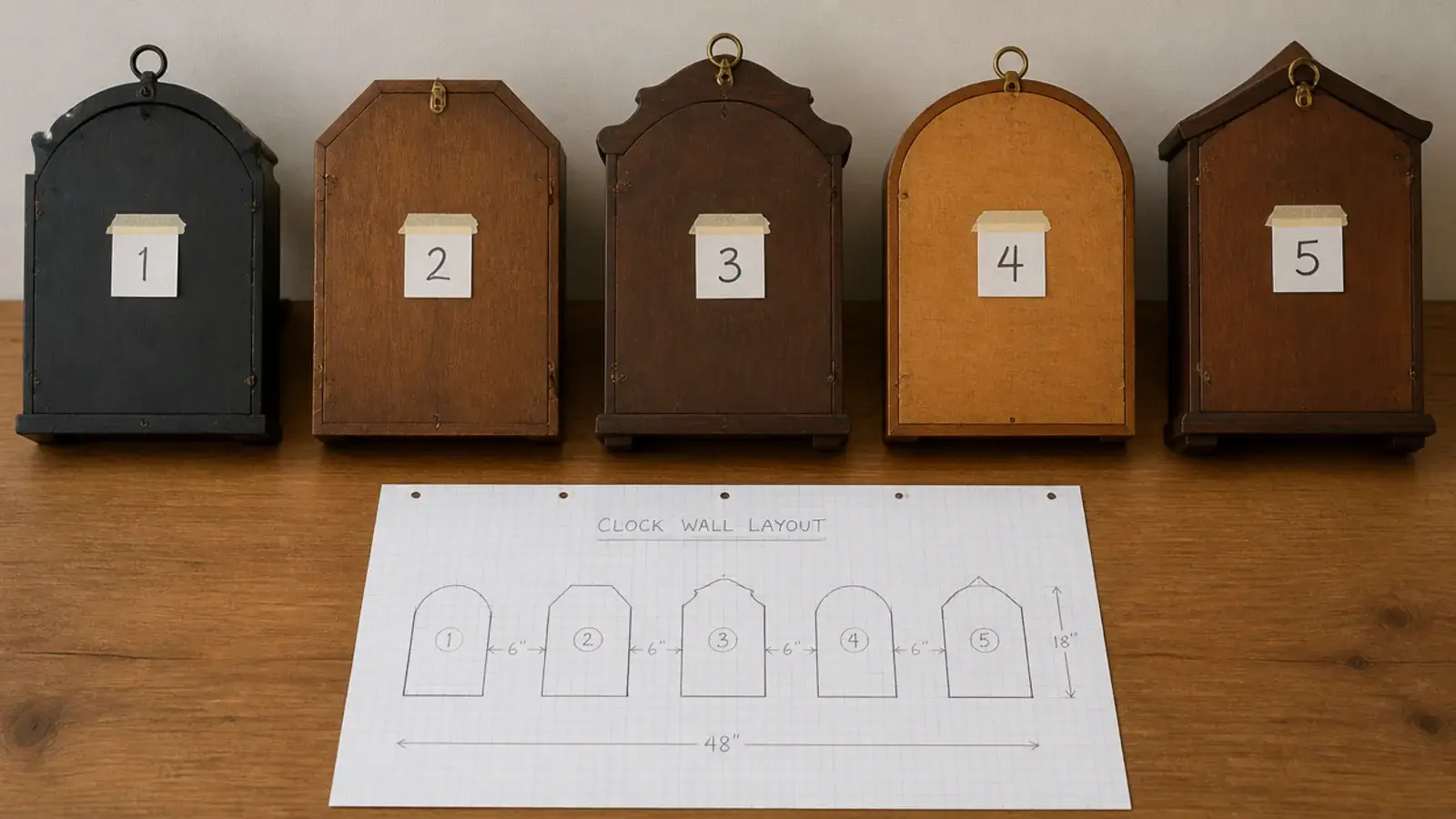 numbered labels stuck to the backs of several clock cases
