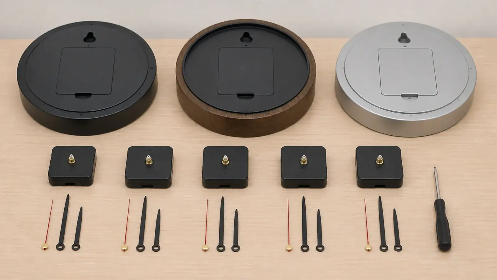 row of quartz movements waiting beside clock cases on a table