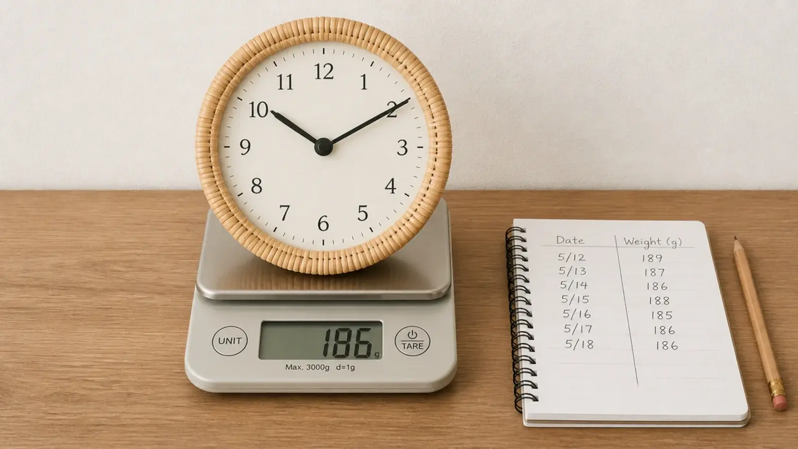 small kitchen scale weighing a lightweight rattan clock face