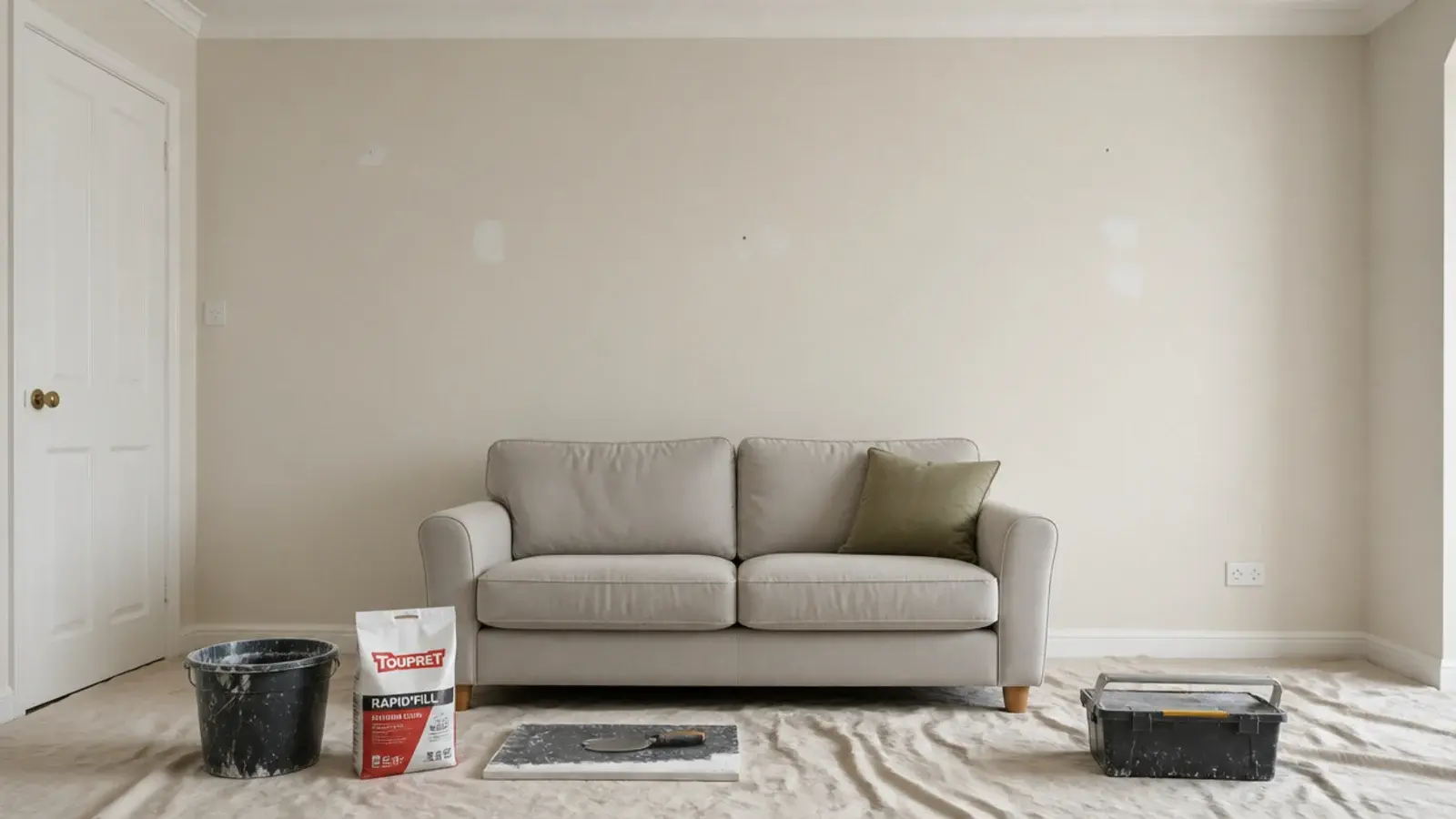 phone propped up recording an empty rented wall before work