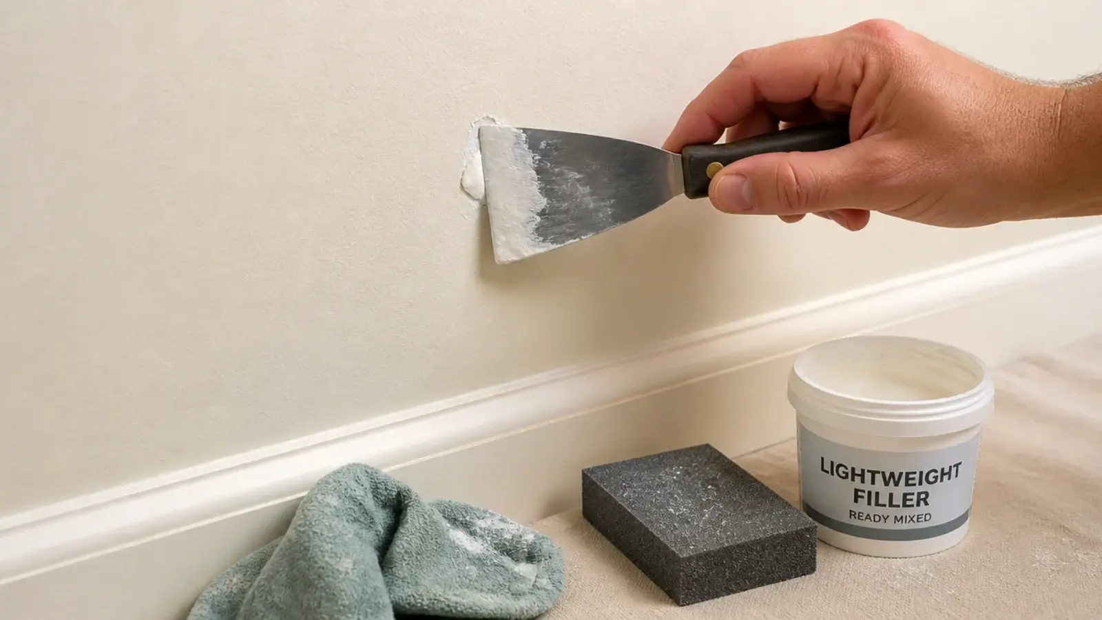 filler knife smoothing a small patch on a painted wall