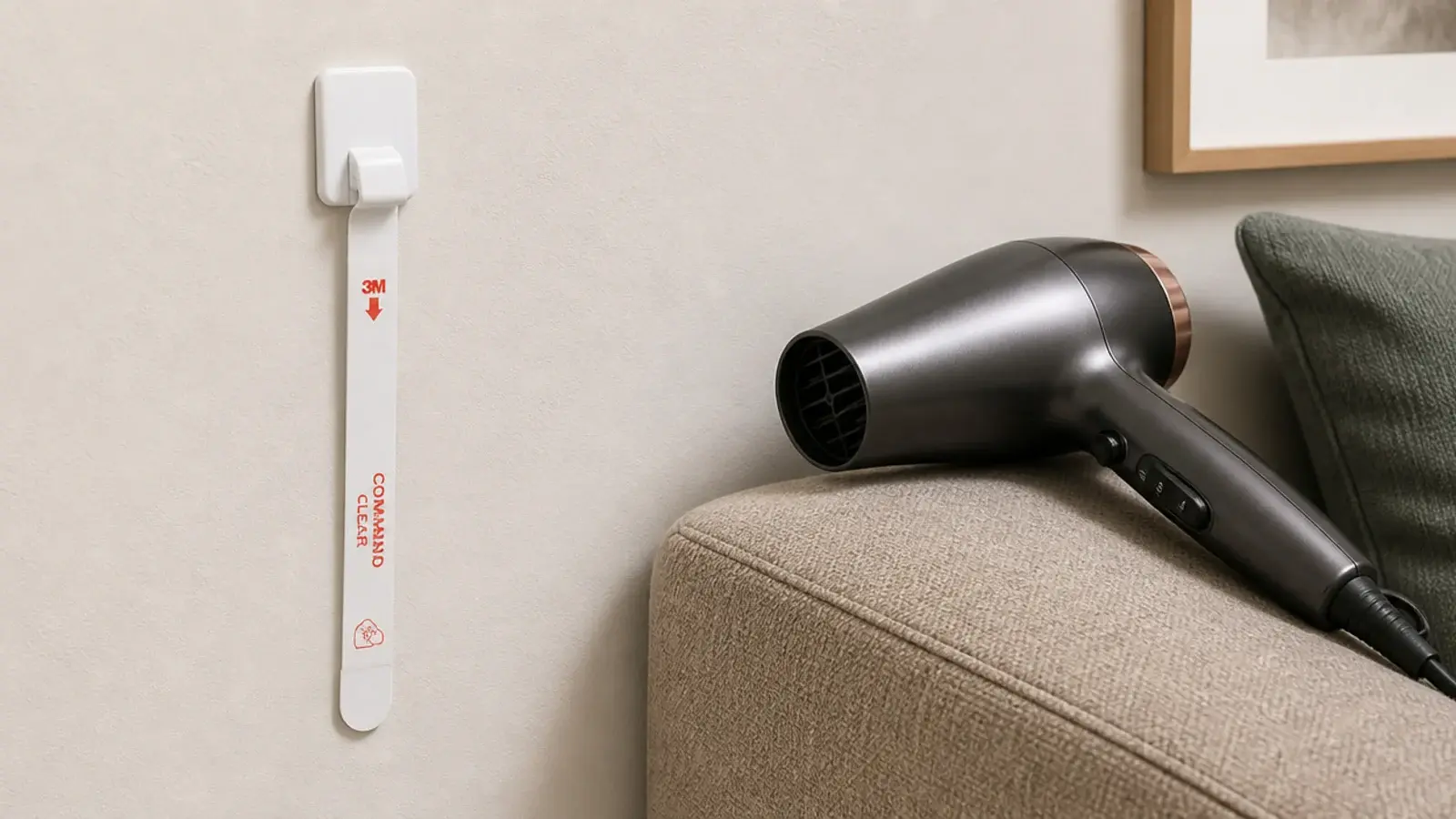adhesive strip tab being pulled slowly downward against a wall