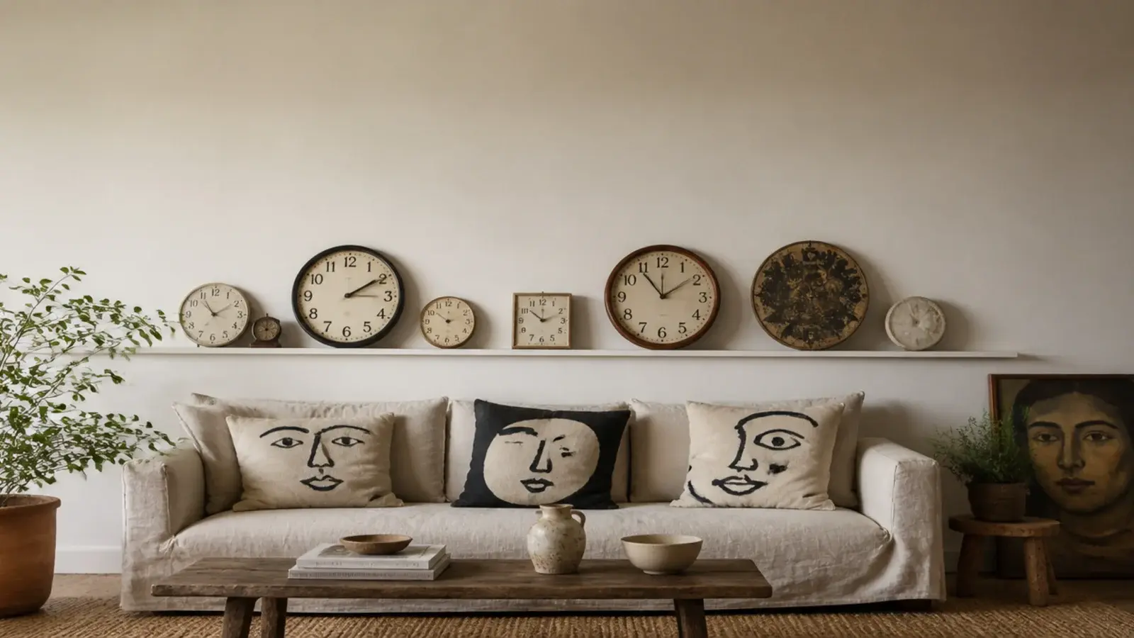 tall rented wall filled with a creative clock grouping and ledge