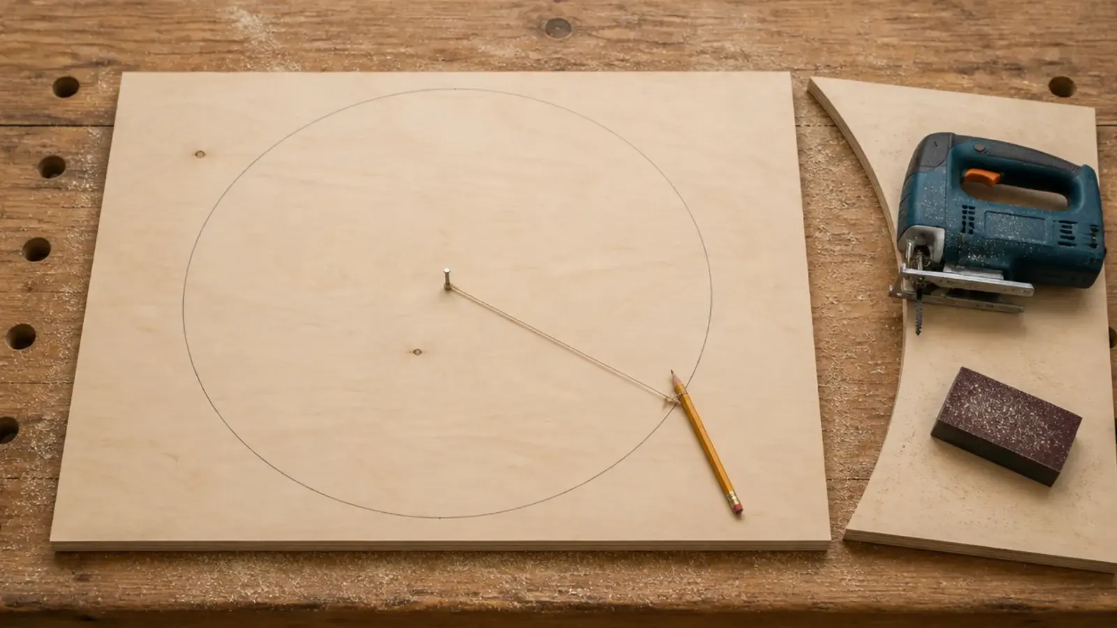 birch plywood disc marked with a pencil and string compass