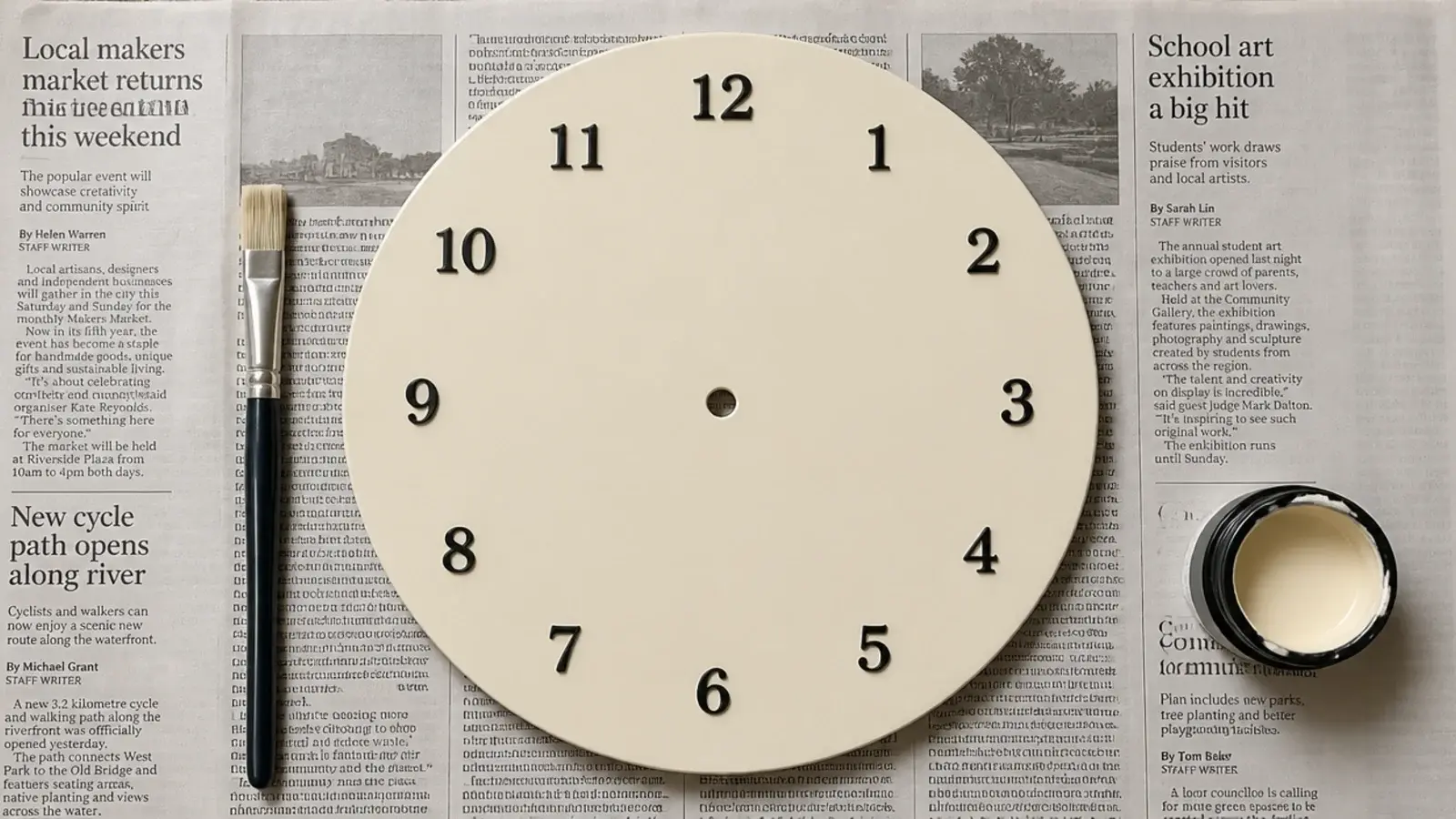 painted mdf disc with small adhesive numerals set around the rim