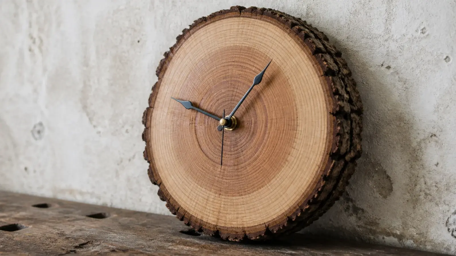 log slice clock showing growth rings and a live bark edge