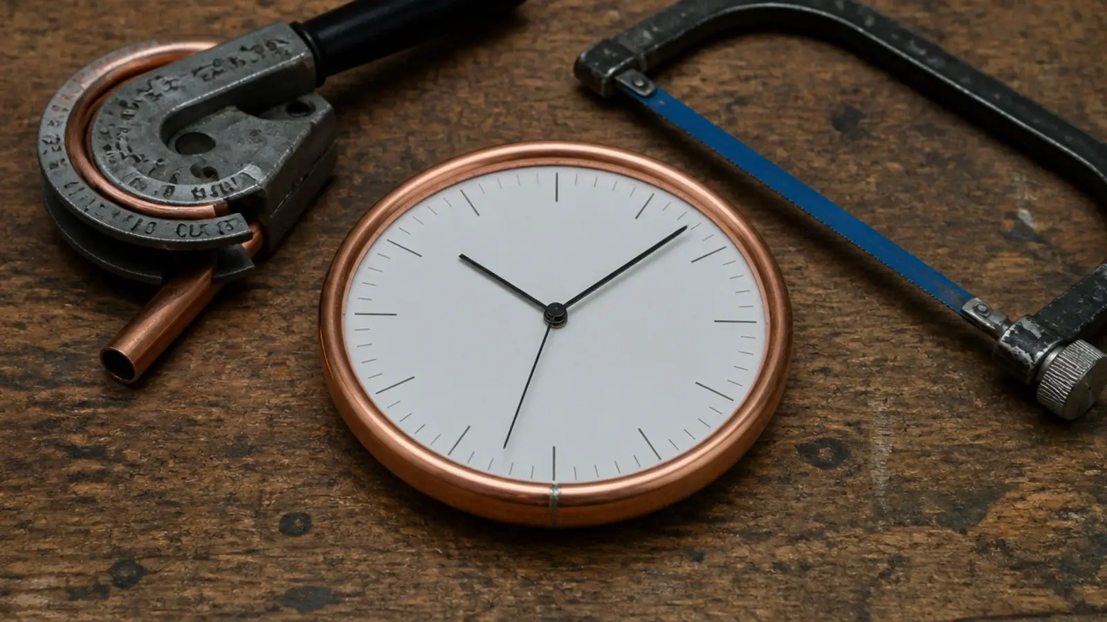 copper pipe bent into a ring rim around a plain painted dial