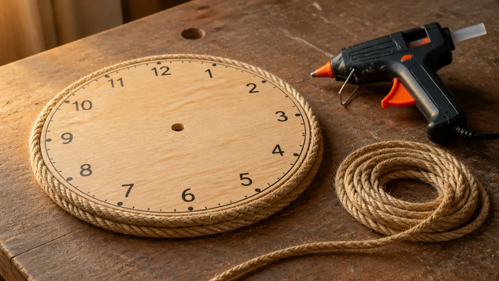 natural rope coiled and glued around the edge of a clock disc