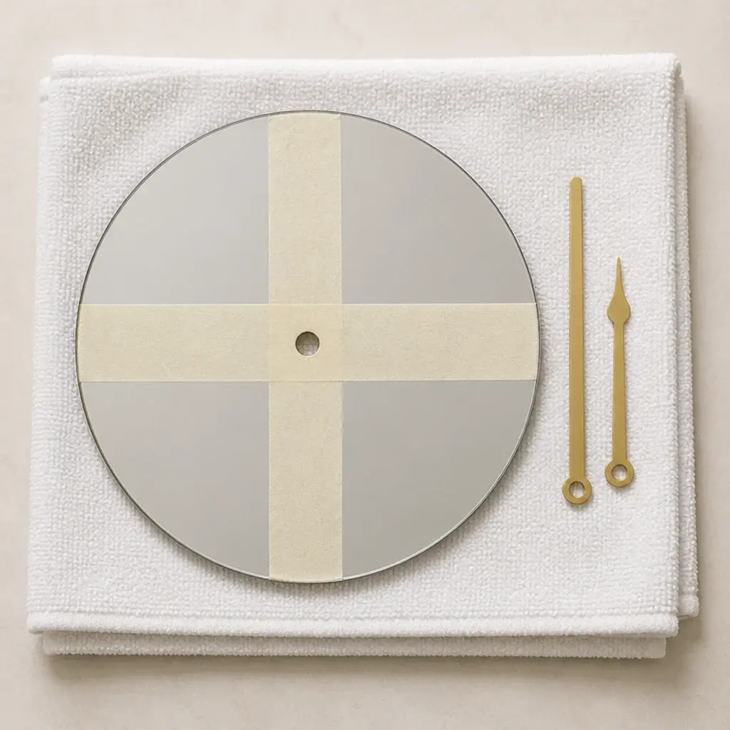 small round mirror tile made into a reflective clock face
