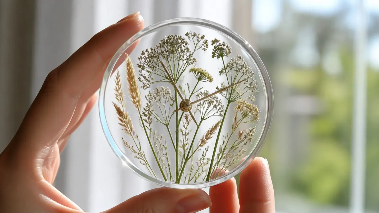 pressed dried flowers sandwiched between two clear acrylic discs