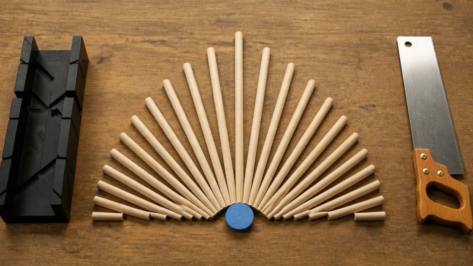 wooden dowels cut to graduating lengths for a sunburst clock