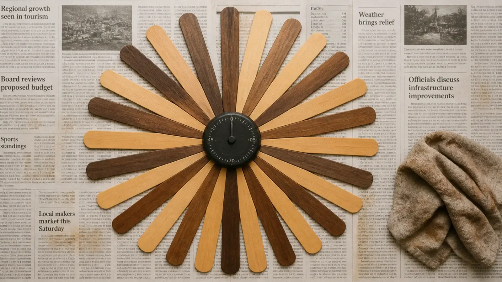 flat paint stirrers fanned into a starburst around a small dial