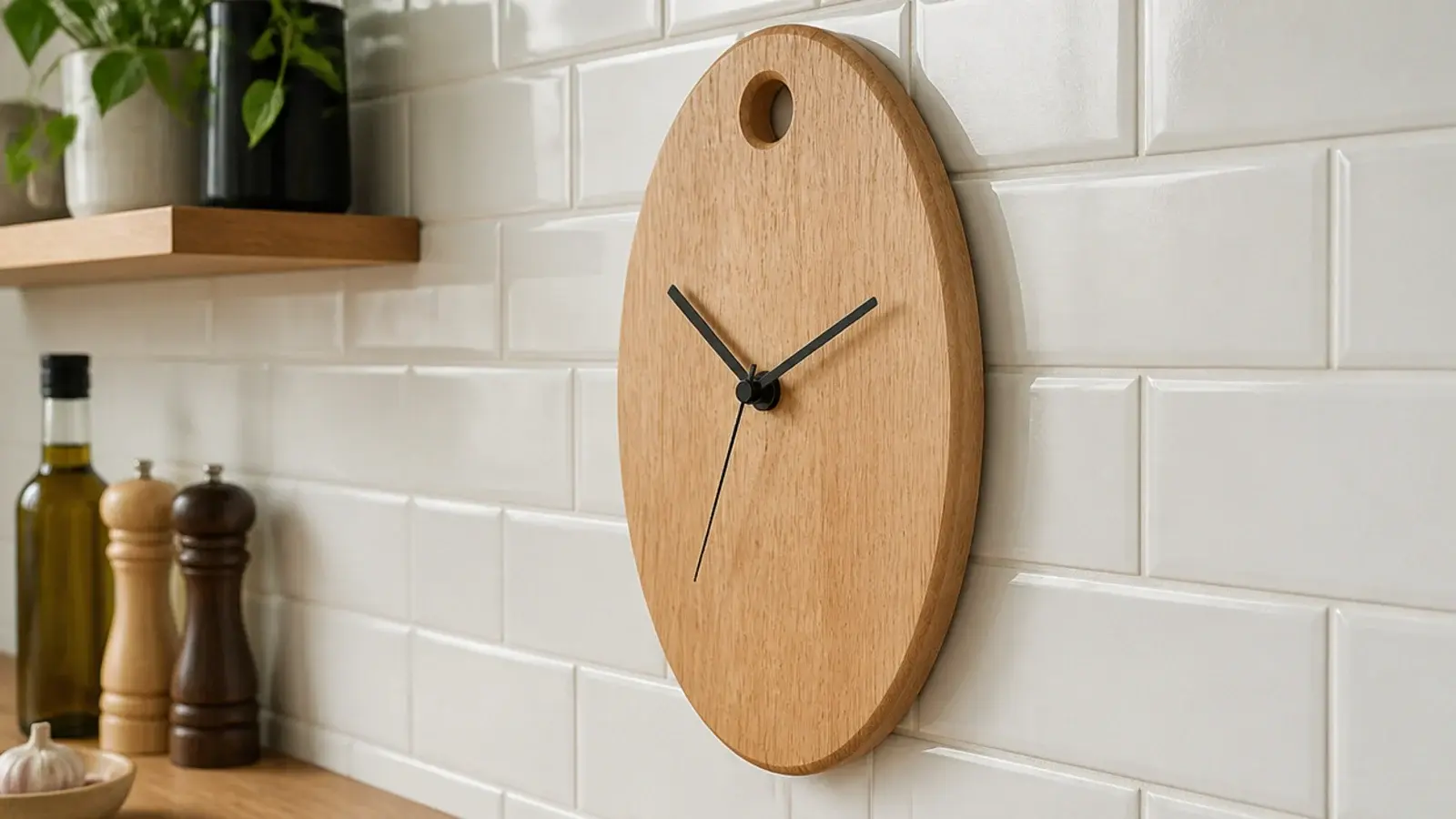 oval wooden chopping board with a clock movement in the centre