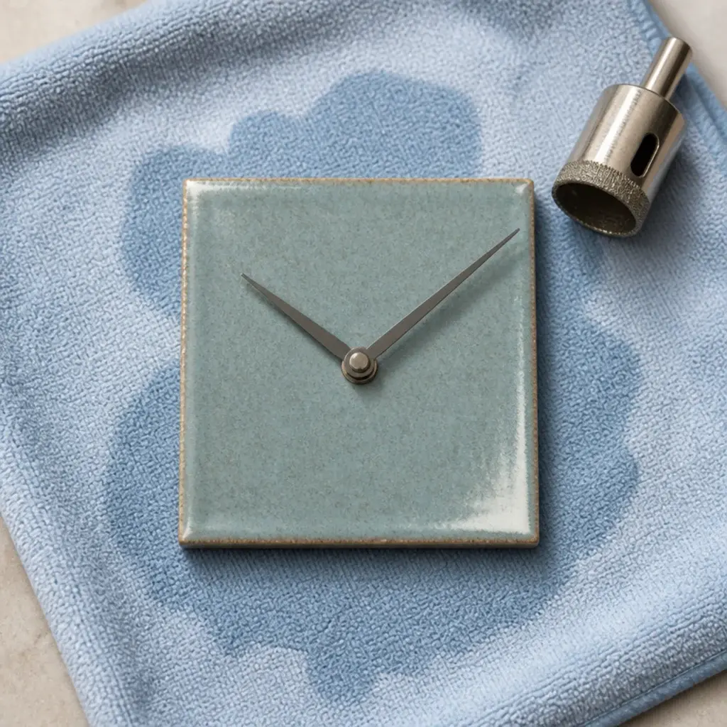 square ceramic tile offcut used as a flat modern clock face