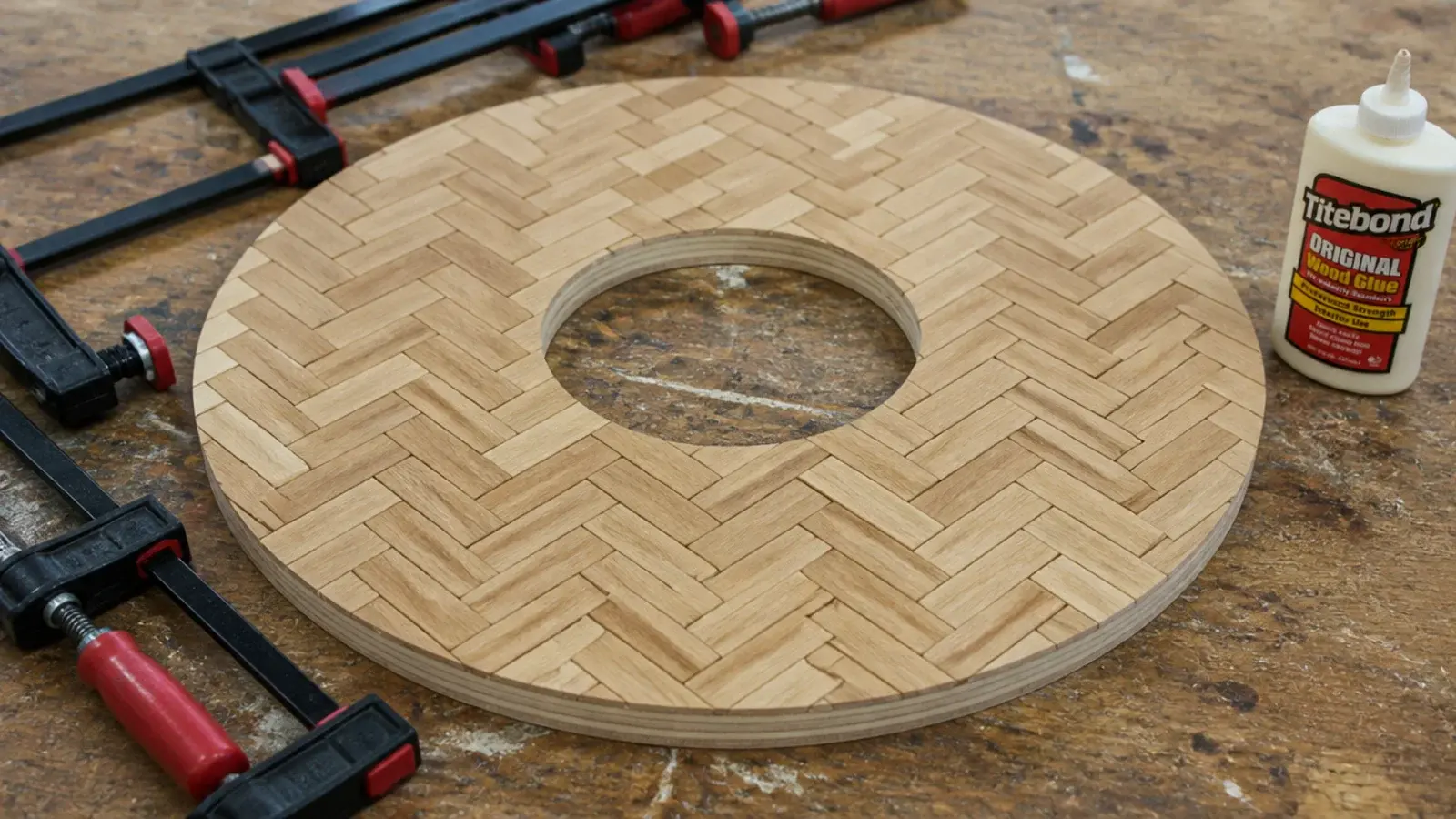 small parquet blocks glued into a patterned circular clock face