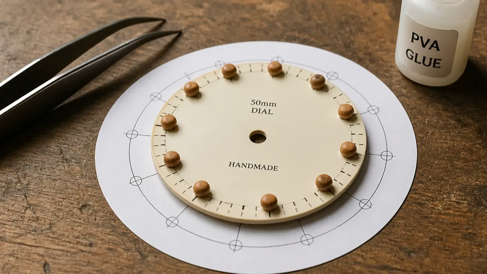 wooden beads glued in a ring as markers on a painted dial