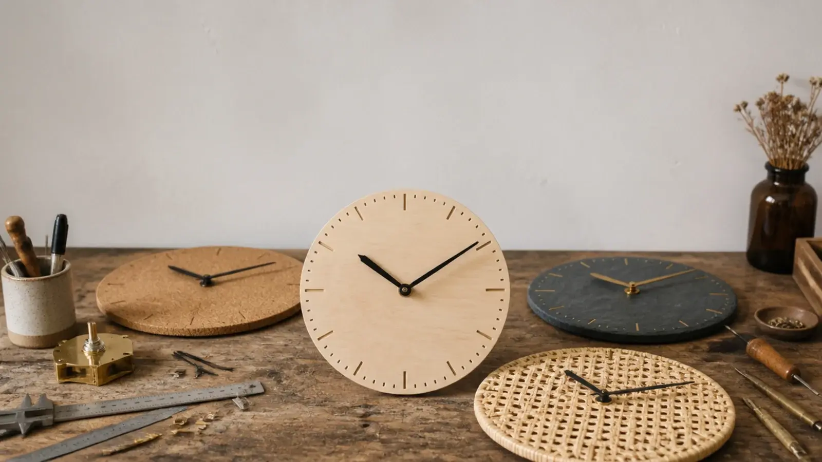 tall workbench view of several handmade wall clock faces drying