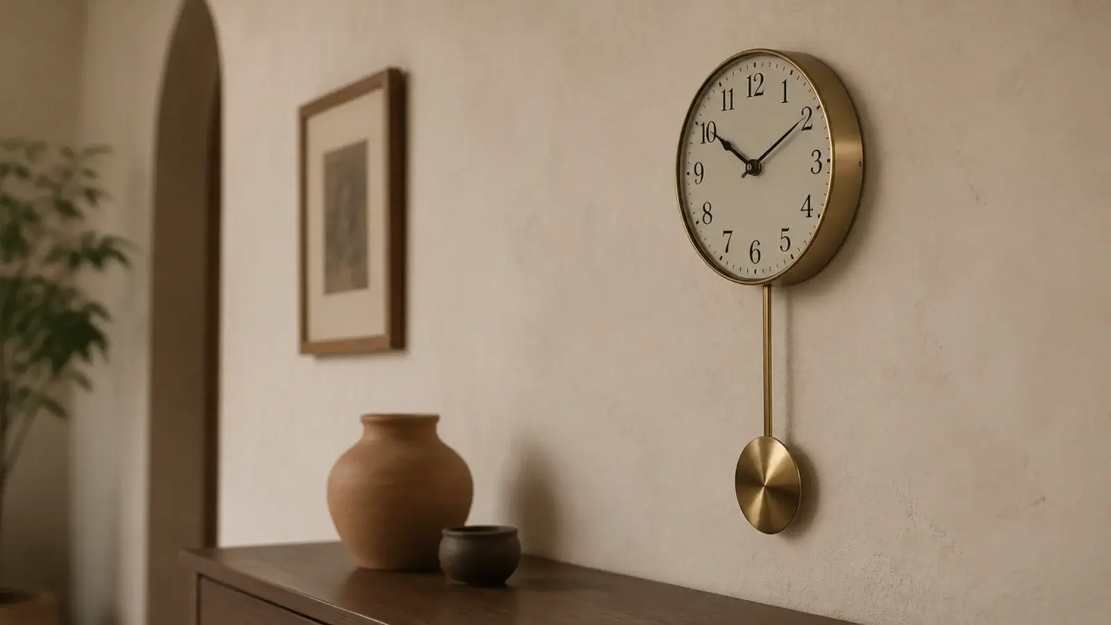 unique wall clock with an exposed pendulum on a warm plaster wall