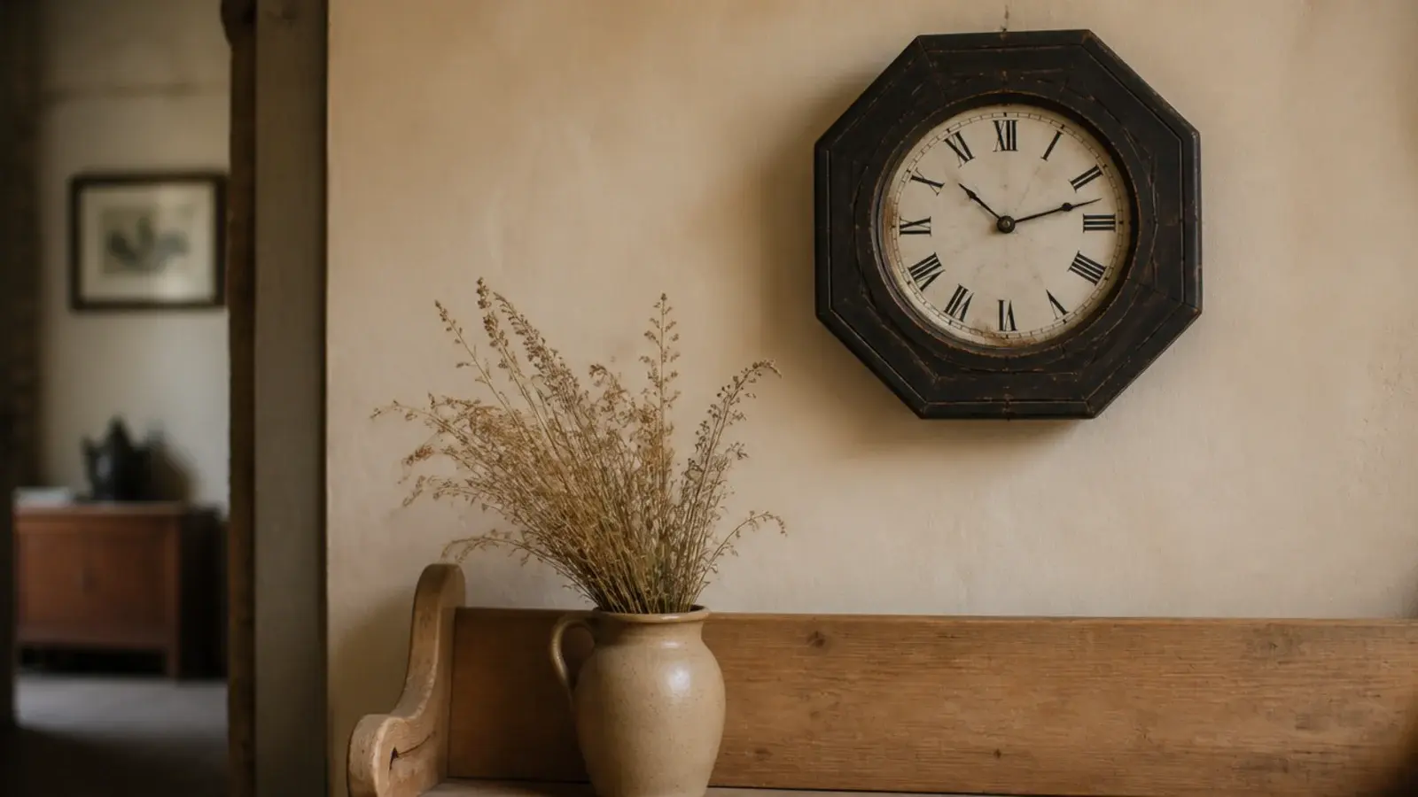 vintage wall clock in worn dark timber hung on warm plaster