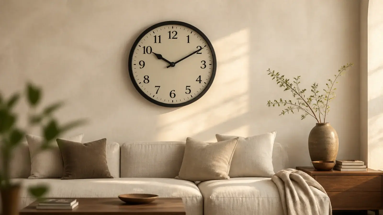 oversized wall clock in matte black steel above a low linen sofa