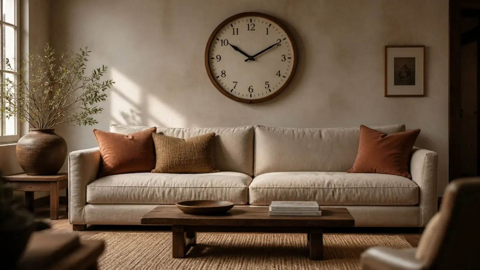 wall clock decor in a living room hung above a wide linen sofa