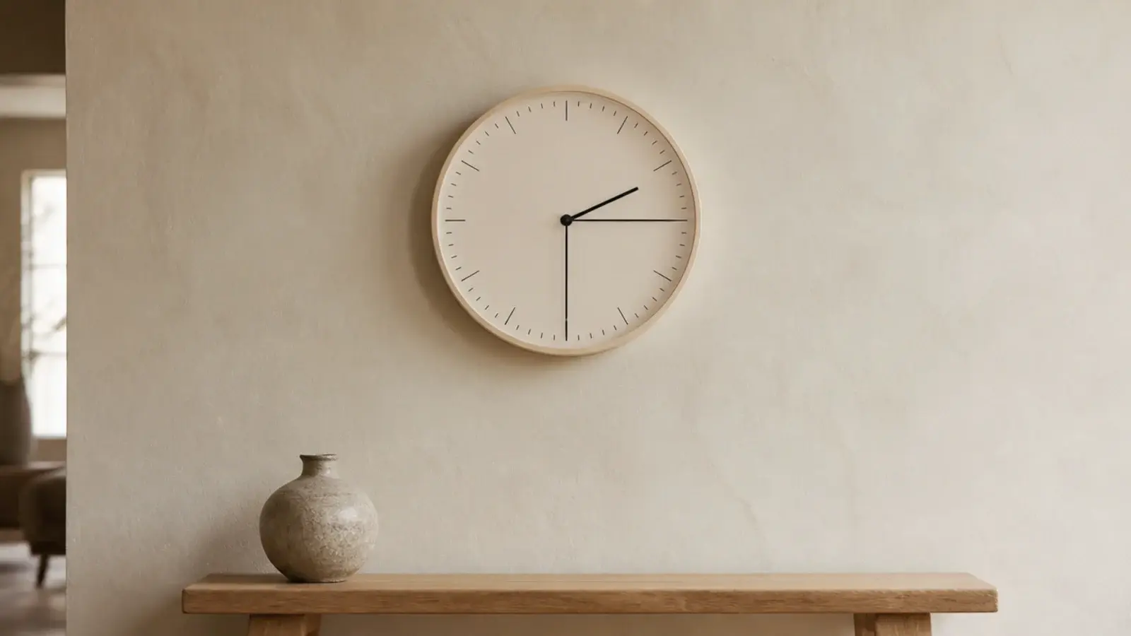 minimal wall clock design in pale birch on a warm plaster wall