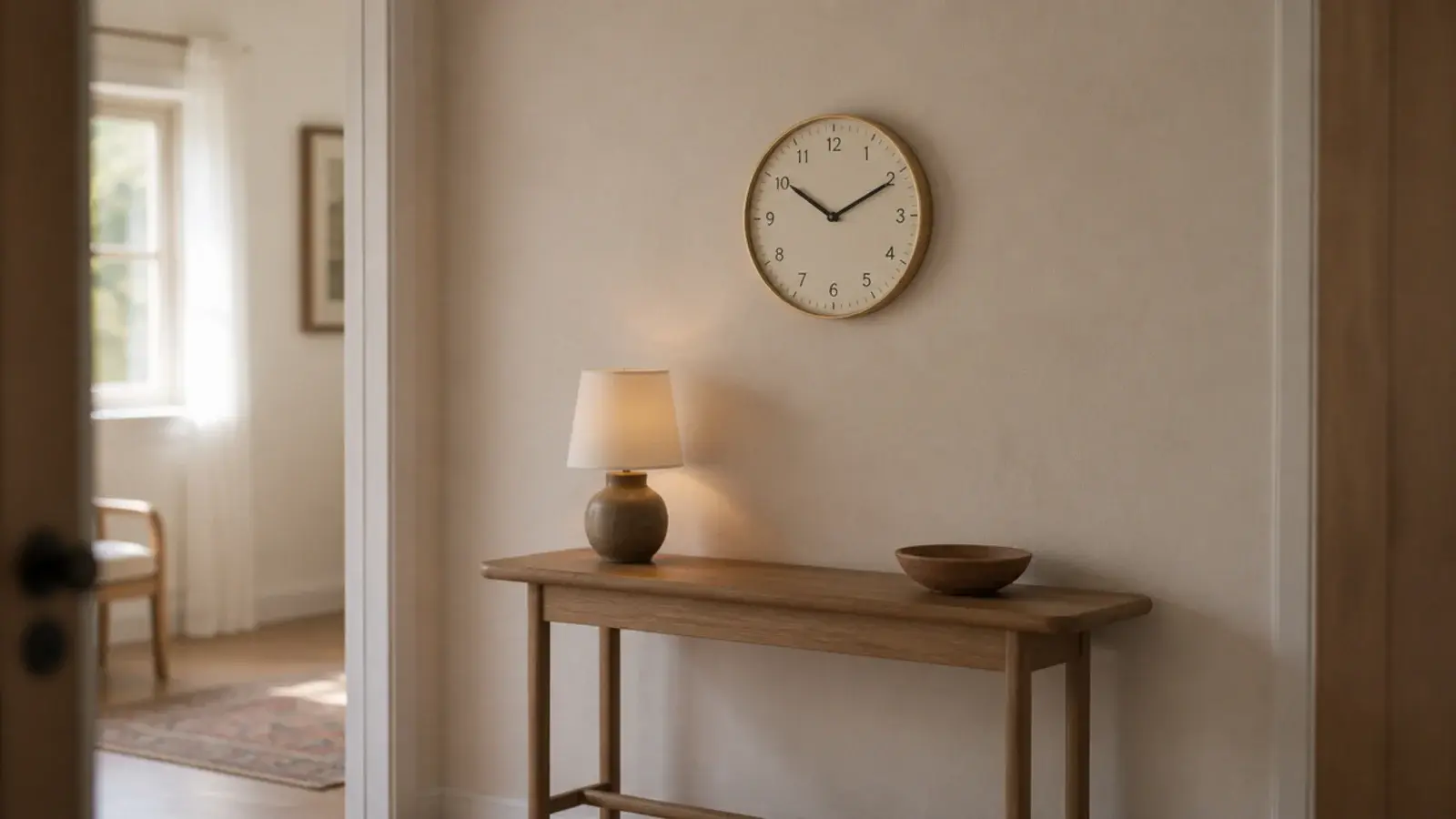 small room wall clock design in slim brass above a narrow console