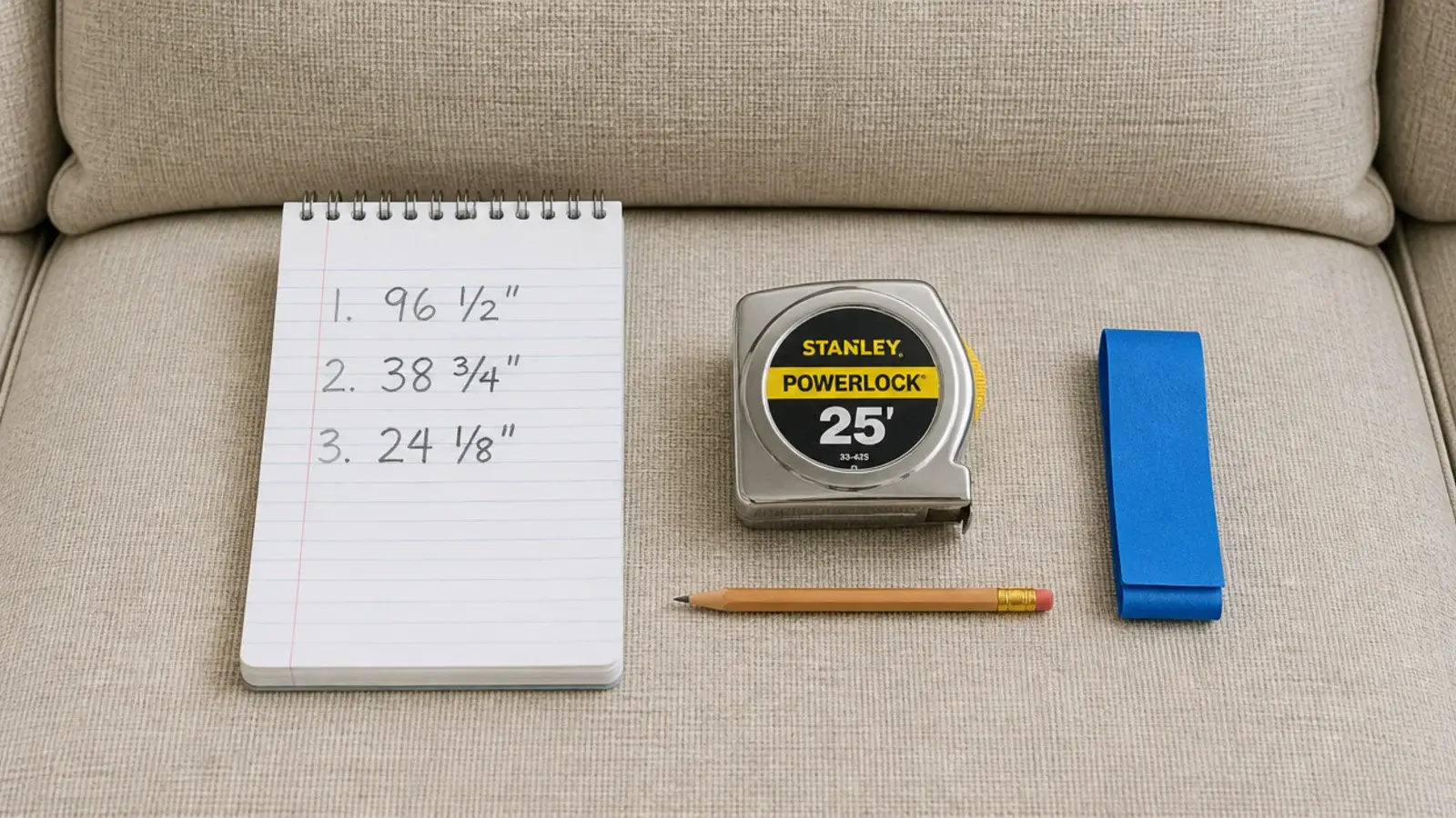notepad of sofa measurements resting on a cushion beside a tape