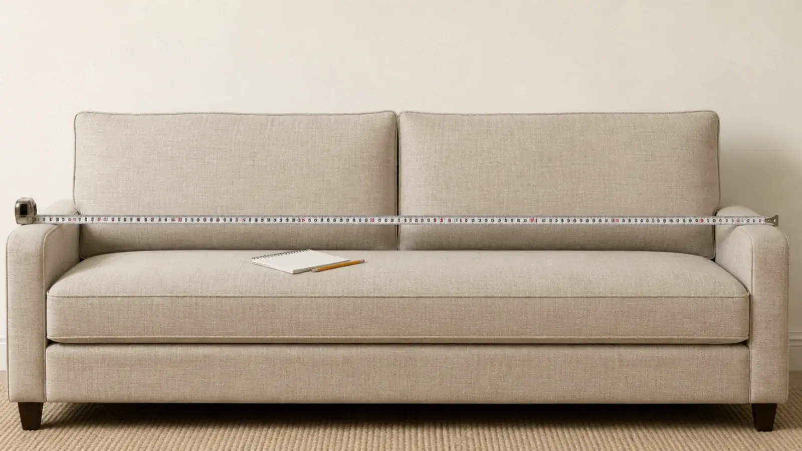 tape measure stretched along the full width of a linen sofa