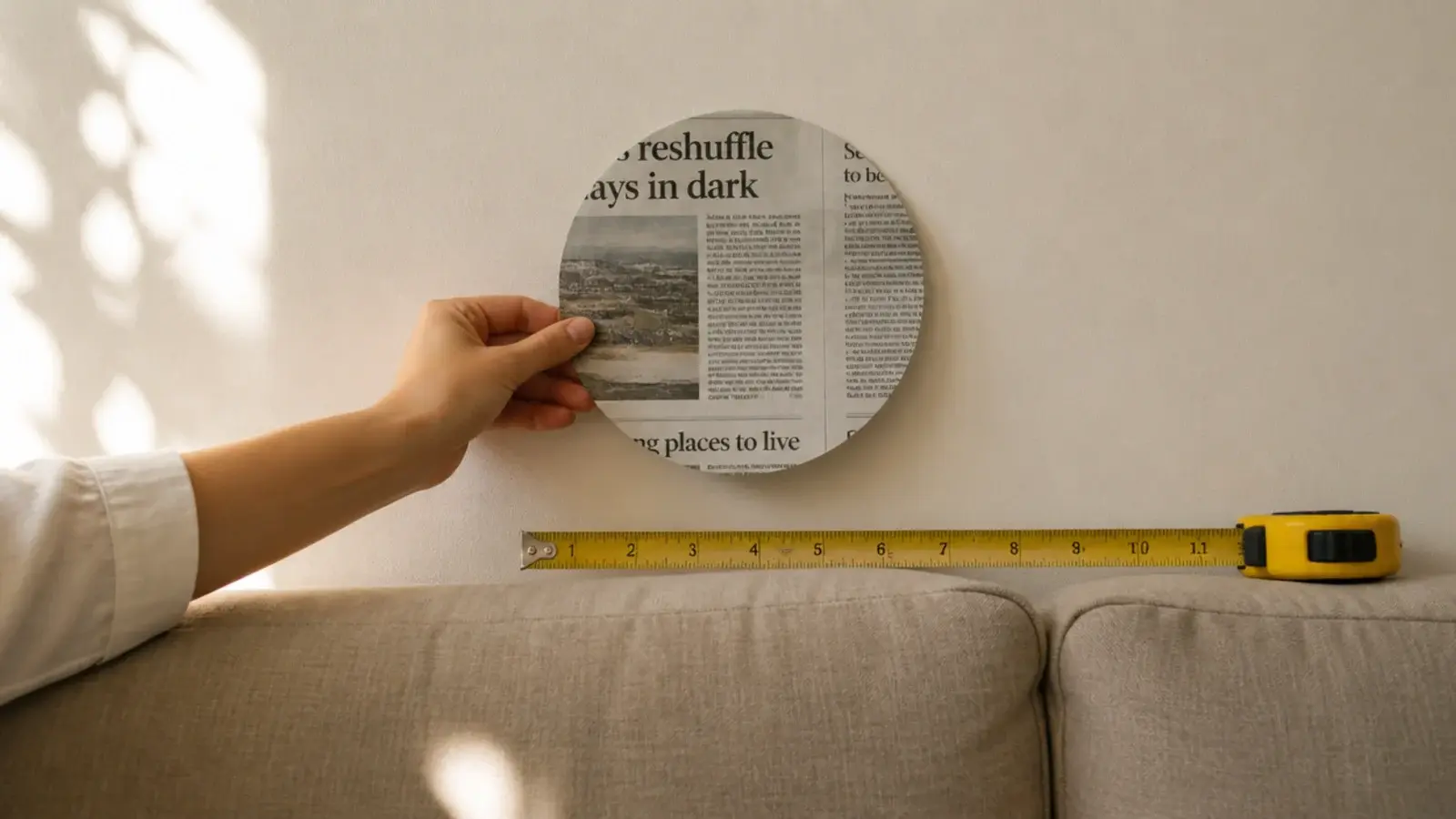 paper circle held against the wall beside a measured sofa