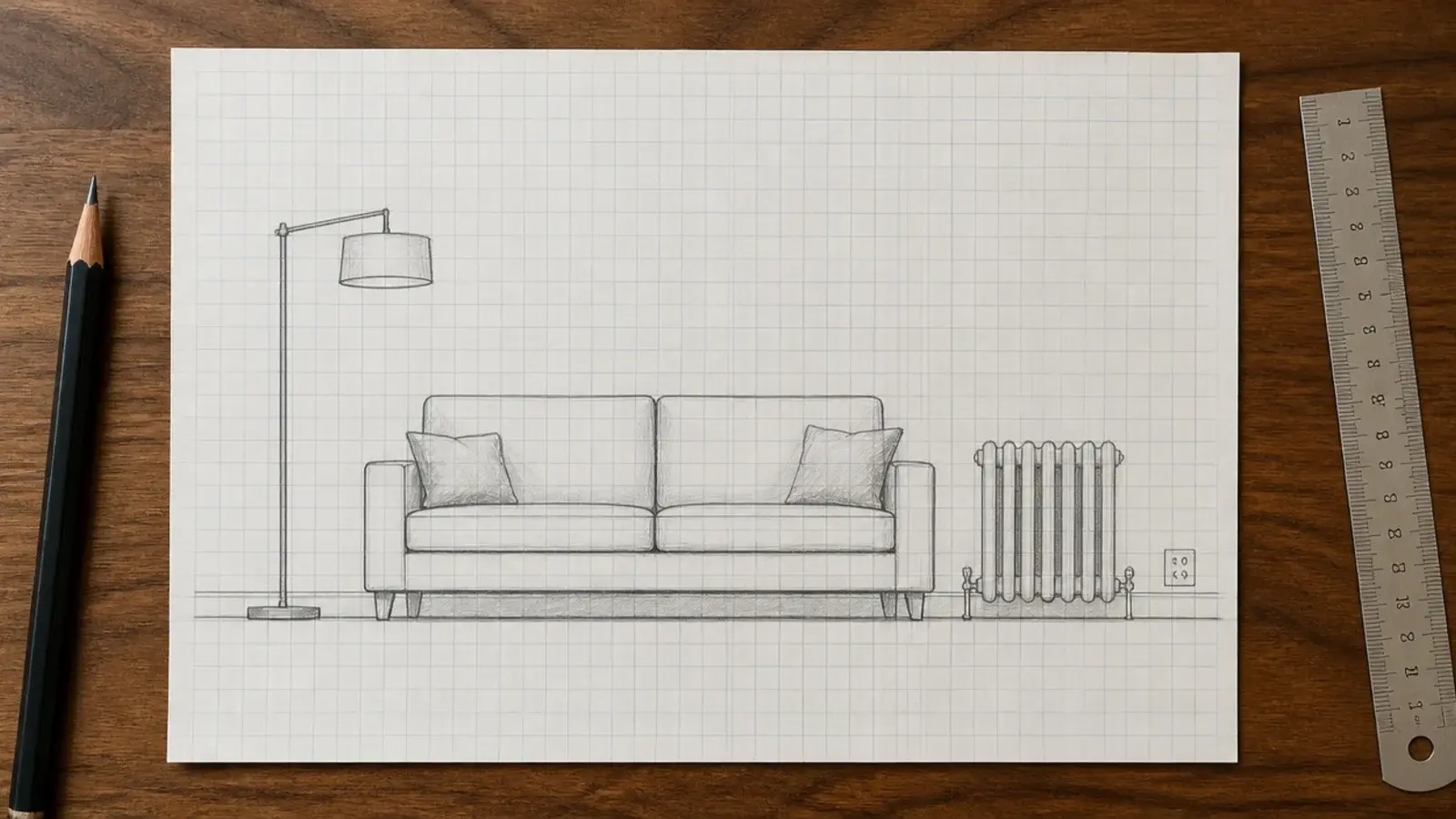 sketch of a sofa wall showing lamp radiator and socket positions