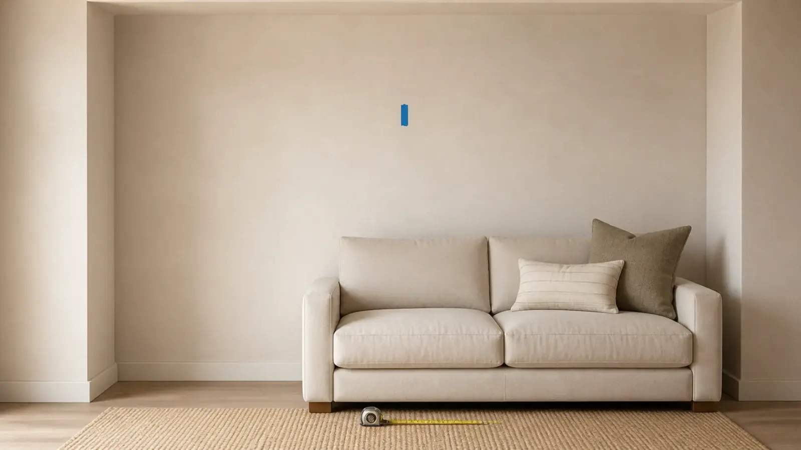 painter tape marking a vertical centre line above a sofa back