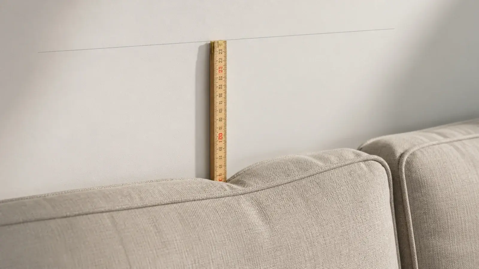 folding rule held vertically above compressed sofa back cushions
