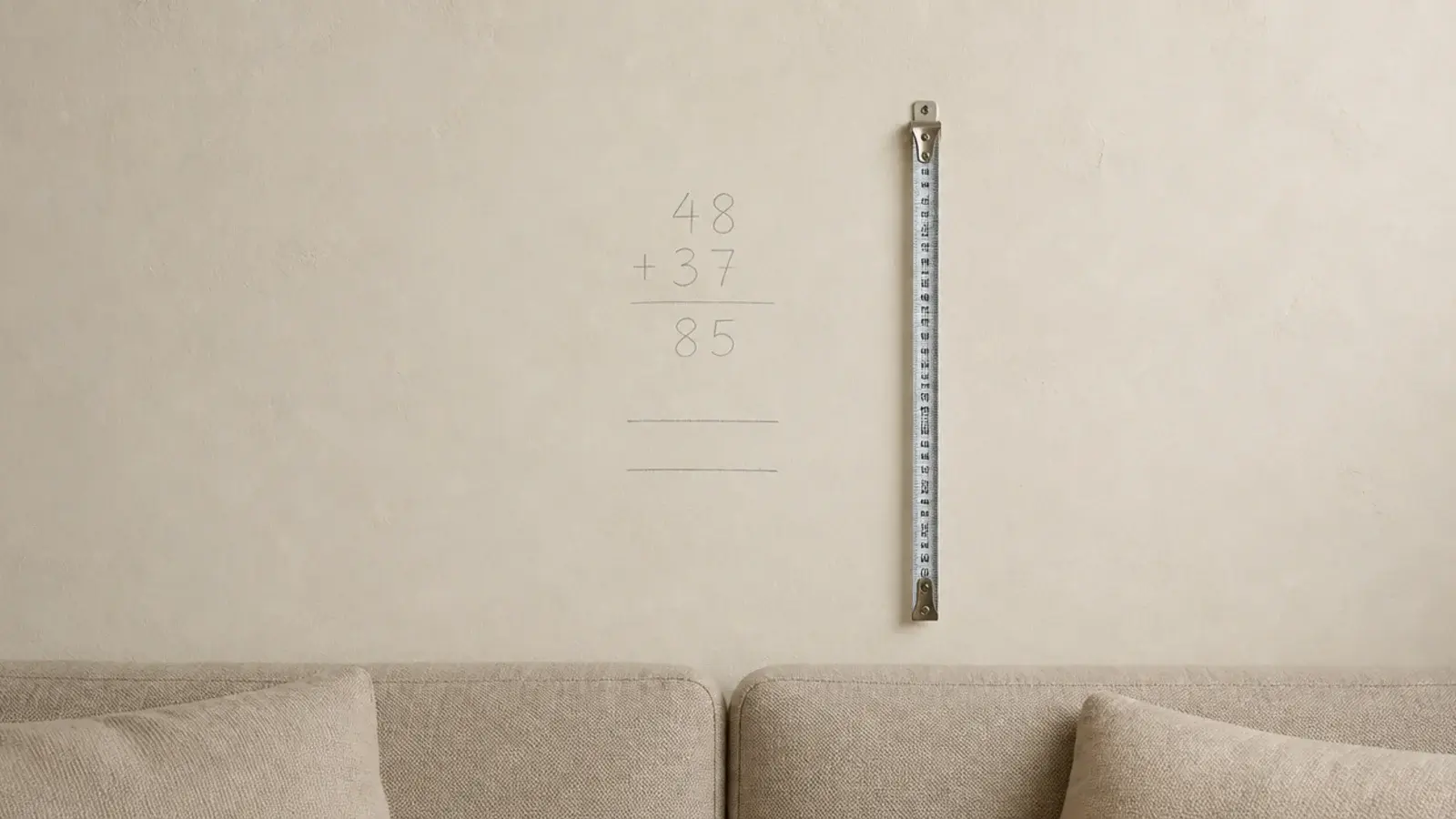 pencil arithmetic written lightly on bare plaster above a sofa